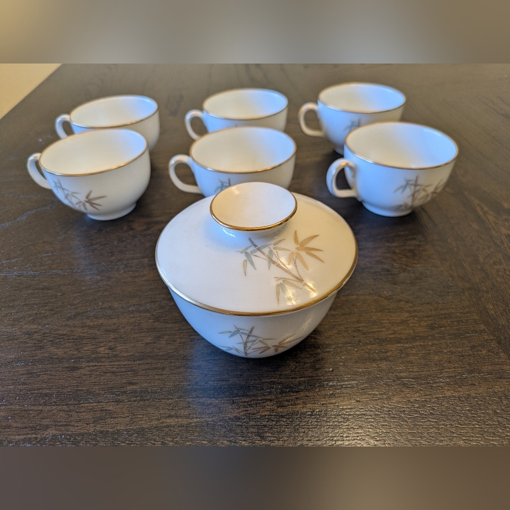 Noritake - Oriental Pattern - 6 Porcelain Tea Cups & Sugar Bowl - Bamboo Motif